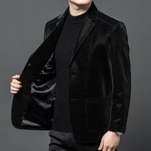 新款海宁真皮西装男士羊皮中年爸爸装时尚休闲金丝绒纯色西服外套