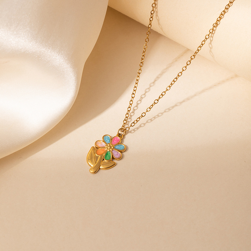 7g Weight 0.03µm Gold Plating Thickness Electroplated Gold Plating Process Golden Plated Plating Material 201 Stainless Steel Pendant Material Pendant Necklace Classification 201 Stainless Steel Chain Material cable chain Chain Type 1 Piece Quantity Holiday, Daily Occasion 201 Stainless Steel Material Flower Pattern Women's Gender Simple Style, Classic Style Style Plating Craft Elegant Titanium Steel Necklace For Women Bohemian Floral Print Colorful Drip Glaze Rose Pendant Versatile Clavicle Chain 24