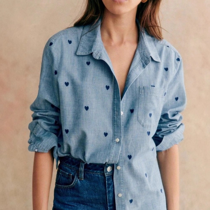 Women's Foreign Trade Shirt with Heart Print, Long-Sleeve Loose Casual Versatile Top, Solid Color with a Striped Feel
