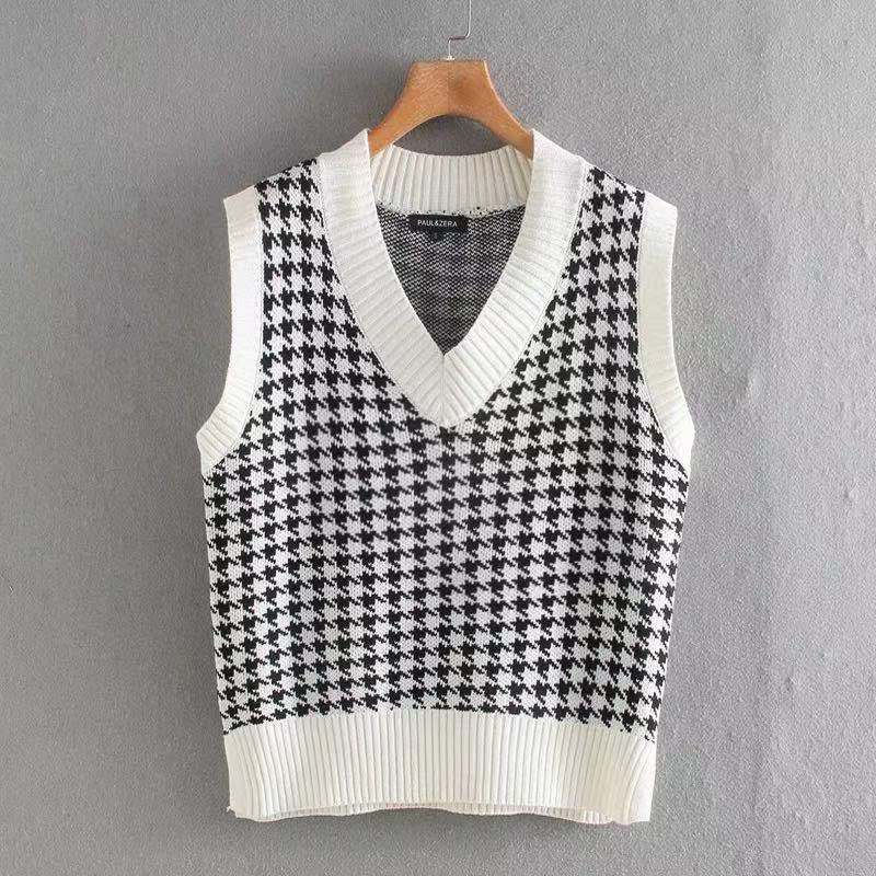 wholesale clothing vendors Nihaostyles houndstooth V-neck loose casual knitted vest NSBY66761