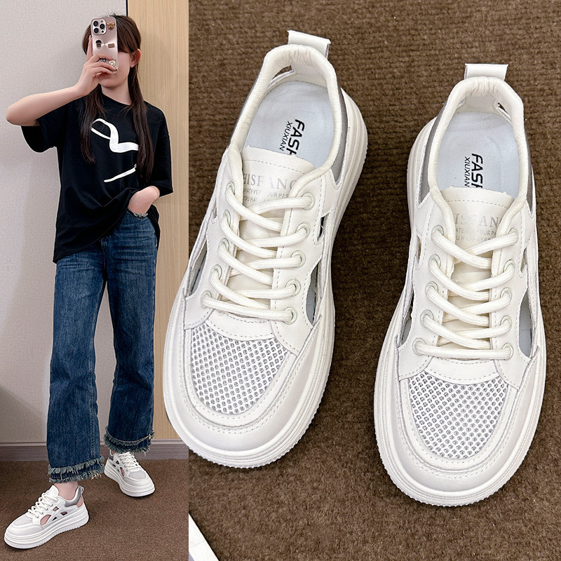 Popular Hollow-Out White Sneakers for Women, Summer 2025 New Versatile Breathable Clogs, Thick-Soled Sports Casual Sneakers