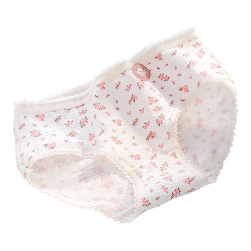 Class A baby cotton sweet floral double chain women's underwear mid-waist 7A antibacterial cotton inner profile girl student underwear