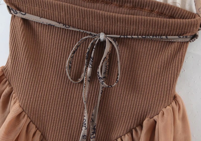 Letter knitted mesh stitching tie halter neck waist pleated dress NSXDX120885