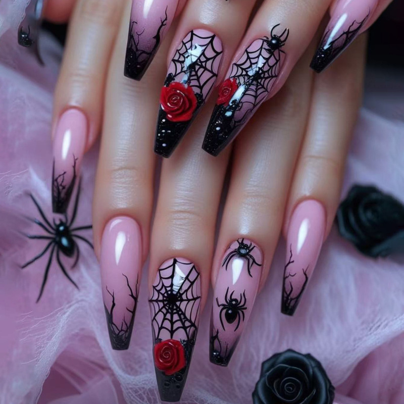 Halloween Nails Long Ballet Black Spider Web Bat Rose Decoration Removable Fake Nails Manicure Nails Halloween Nails Long Ballet Black Spider Web Bat Rose Decoration Removable Fake Nails Manicure Nails