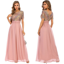 速卖通亚马逊性感亮片拼接雪纺连衣裙欧美外贸跨境女装假日长裙夏