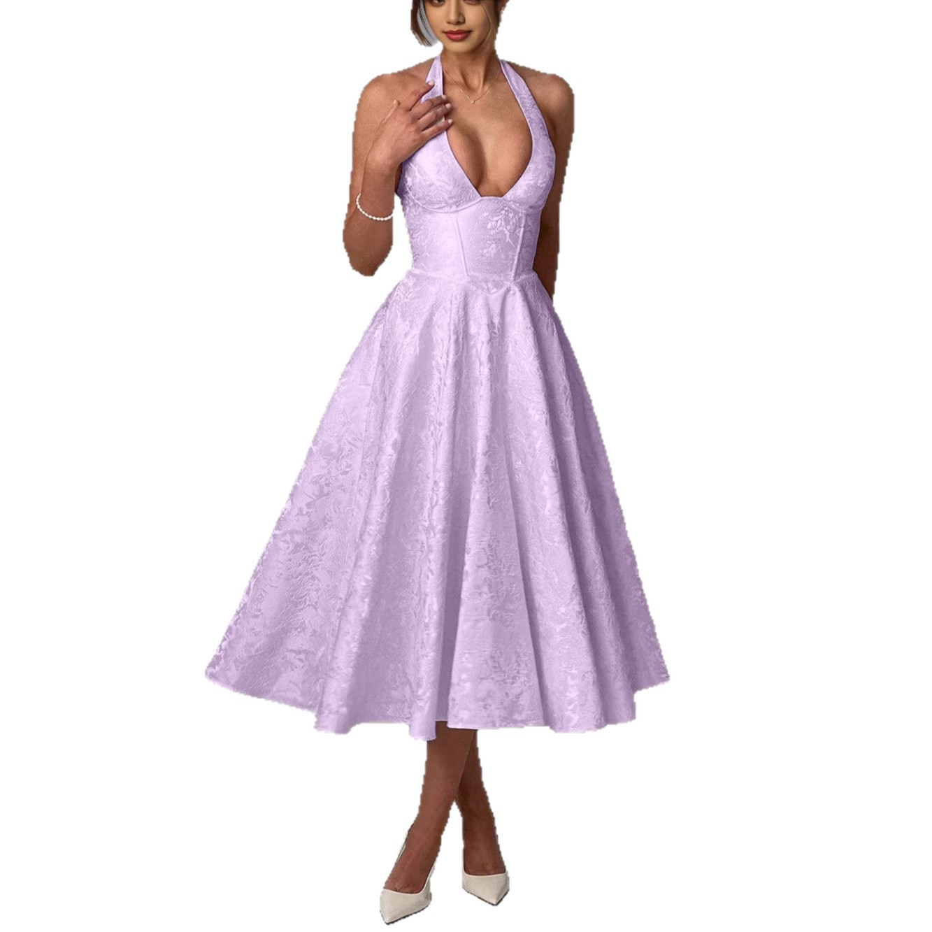European And American Cross-Border V-Neck Halter Jacquard High-End Evening Spring Summer Elegant Sleeveless Backless_voghion.com
