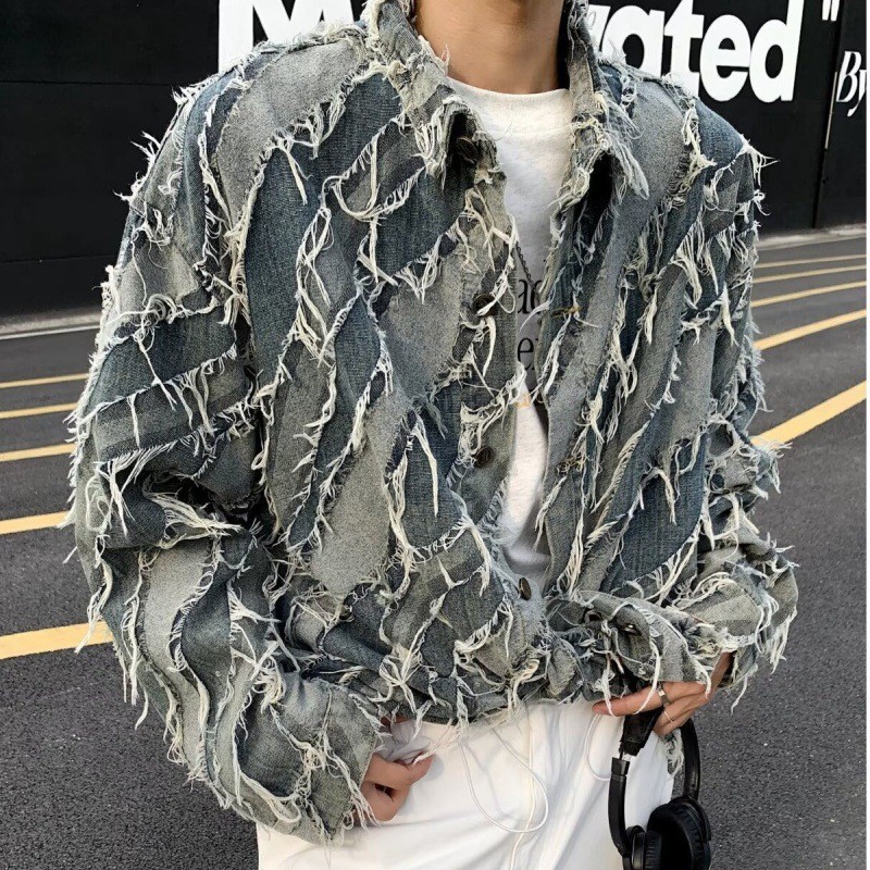 국경 간 가을 틈새 프린지 태슬 디자인 센스 패션 데님 재킷 남자 튀김 거리 인터넷 연예인 하이 엔드 센스 재킷 패션