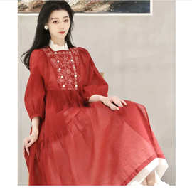 春新款清冷禅意风绝美漂亮中国风复古显白红色真丝连衣裙子419102