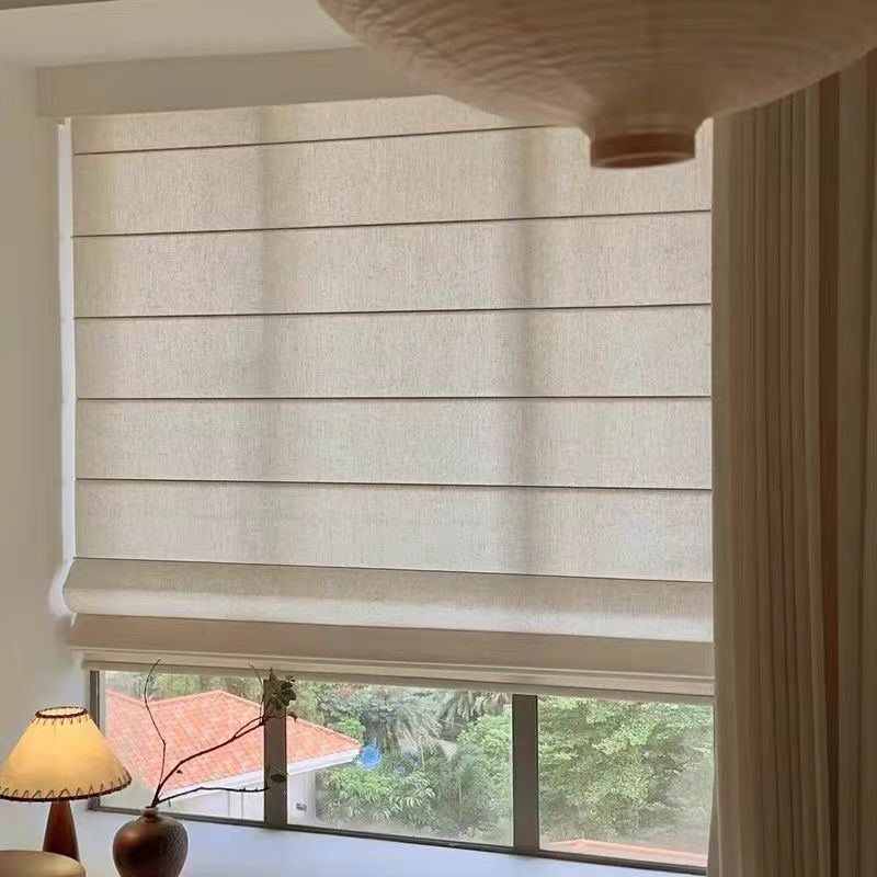 日式纯色亚麻纱罗马帘升降帘卧室茶室客厅民宿折叠卷帘透光不透人