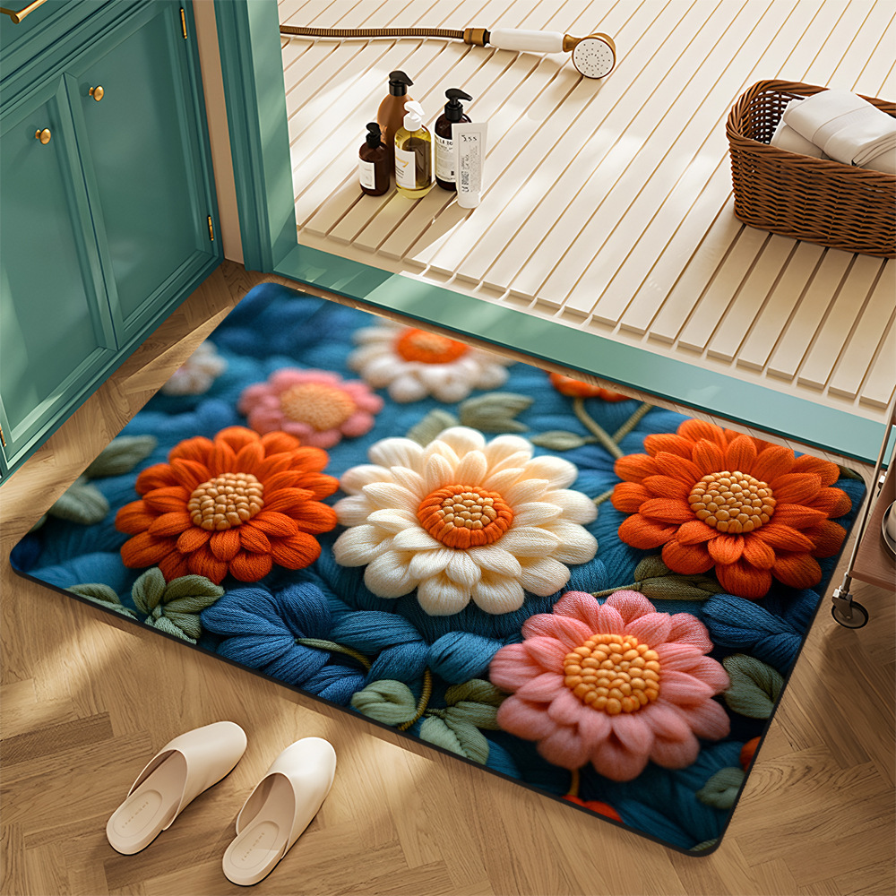 Cross-Border American Floral Crystal Velvet Floor Mats for Home Entrance, Stain-Resistant, Wear-Resistant and Easy-Care Floor Mats, Bathroom Non-Slip Floor Mats