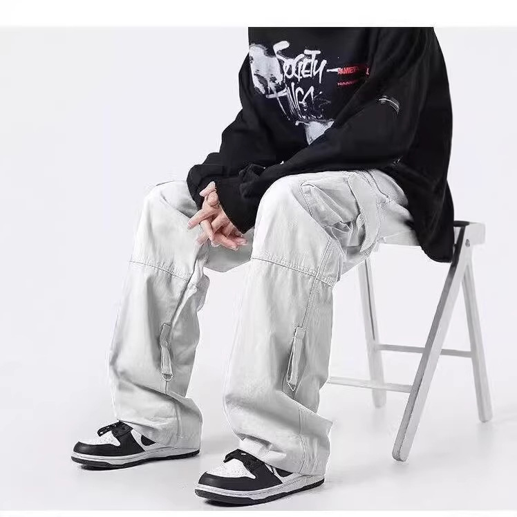 American High Street Workwear Logging Pants for Men and Women, Trendy Retro Multi-Pocket Summer and Spring Straight-Leg Zipper Casual Long Pants