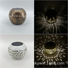 跨境电商铁艺镂空菊花瓣太阳能钵家居工艺品摆饰solar light bowl