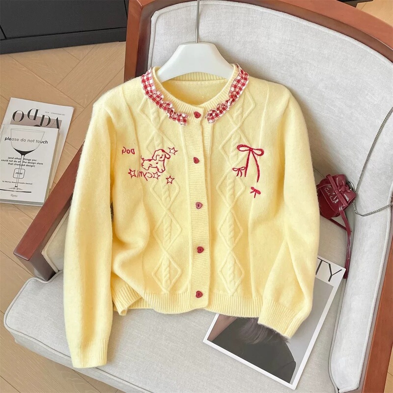 Cute Puppy Embroidered Butterfly Heart Button Round Neck Sweater for Women Autumn and Winter Sweet and Exquisite Loose Knitted Cardigan Jacket