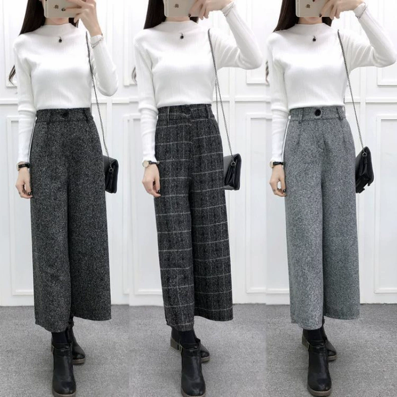 Осень и зима 2024 шерстяные широкие брюки женские свободные корейские тонкие прямые брюки девятиукороченные брюки с высокой талией
