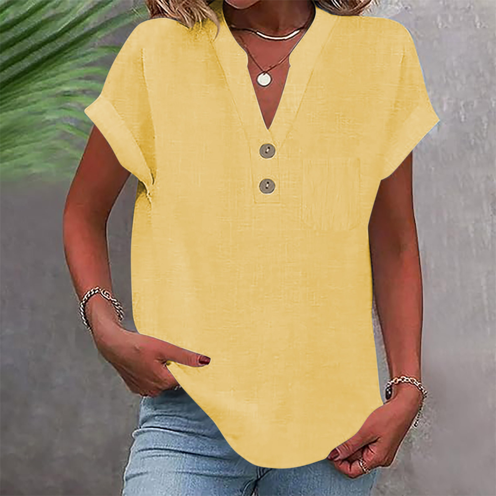 2025 European American Summer Solid Color Buttoned Short-sleeve Women's Shirt, Cotton-linen, Washed, Wrinkled,_ecoleips.com