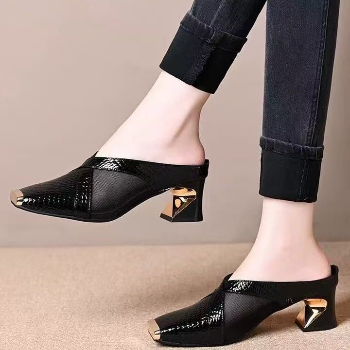 Baotou mitad zapatillas de mujer ropa exterior de metal cuadrada zapatillas de tacón grueso sandalias de tacón alto zapatos de malla mueller zapatos