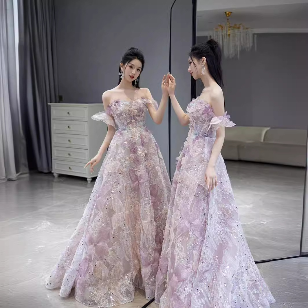 Damenbekleidung French Toast Kleid Braut eine Schulter Schmetterling Blume Fee Bankett Abendkleid für Erwachsene_voghion.com