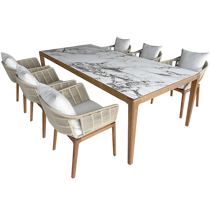 Nórdico al aire libre mesa de teca y silla de ocio patio moderno terraza mesa de comedor balcón anticorrosión de madera protección solar combinación de silla de ratán