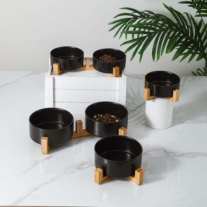 Ceramic Cat Bowl Cat Food Bowl Dog Bowl Dog Bowl Drinking Water Bowl Double Bowl Protecting Cervical Spine Black Pet Bowl