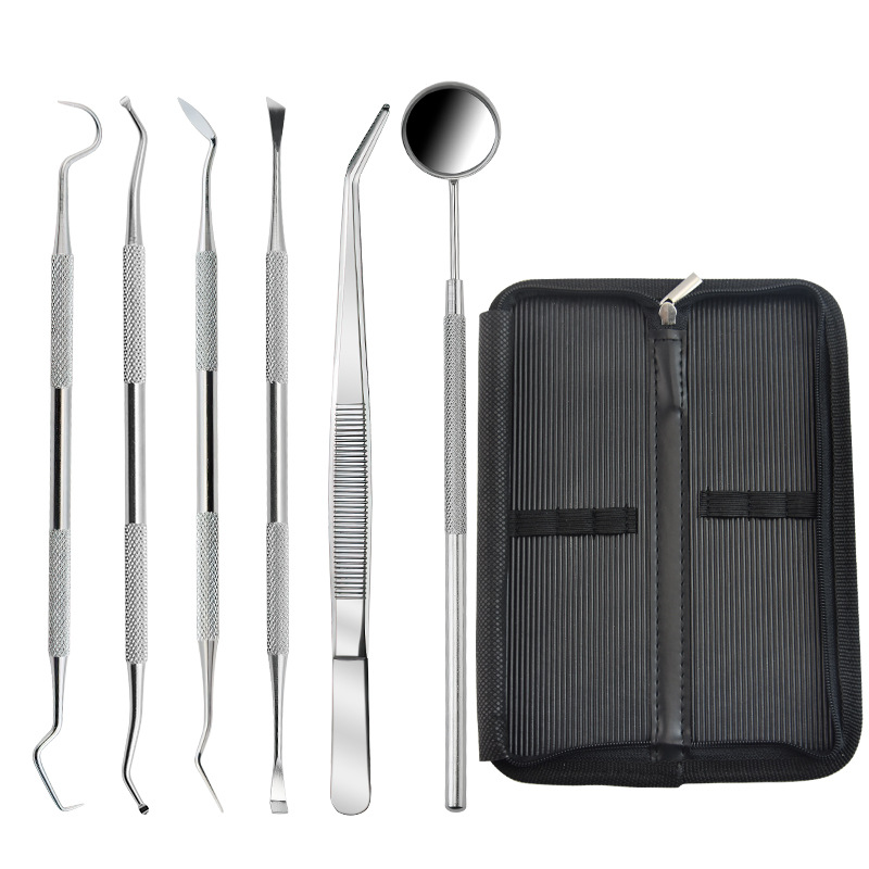 Silver dental tool six-piece set + black leather case