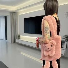 新款托特仿羊羔毛女包2025时尚简约单肩手提小熊少女感手提包包