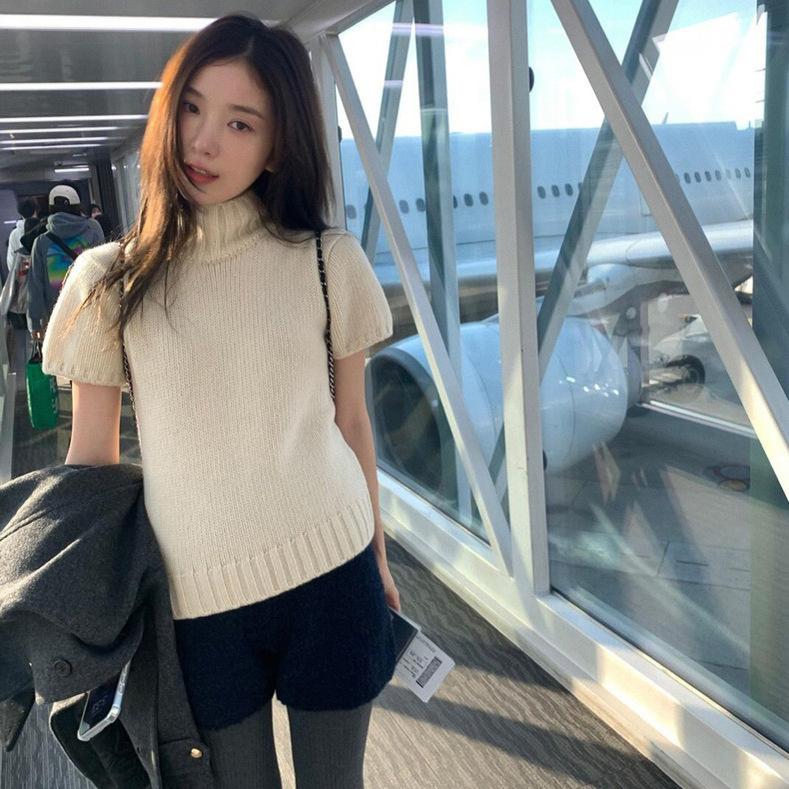 Korean the Barnnet High-Neck Pullover Wool Knit Sweater Short-Sleeve Solid Color Slim-Fit Slimming Sweater for Women