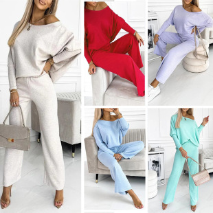 2024 European and American cross-border new solid color women's round neck long-sleeved casual suit