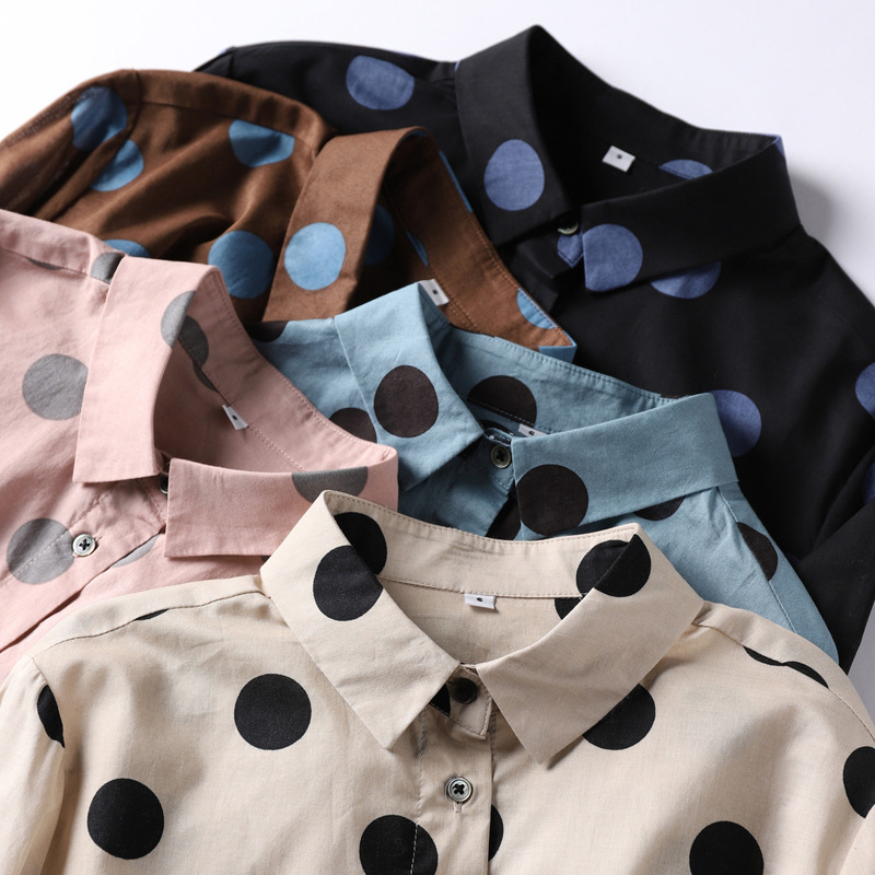 Foreign trade export high chao thin cotton long sleeve pointed collar cute polka dot casual shirt for women