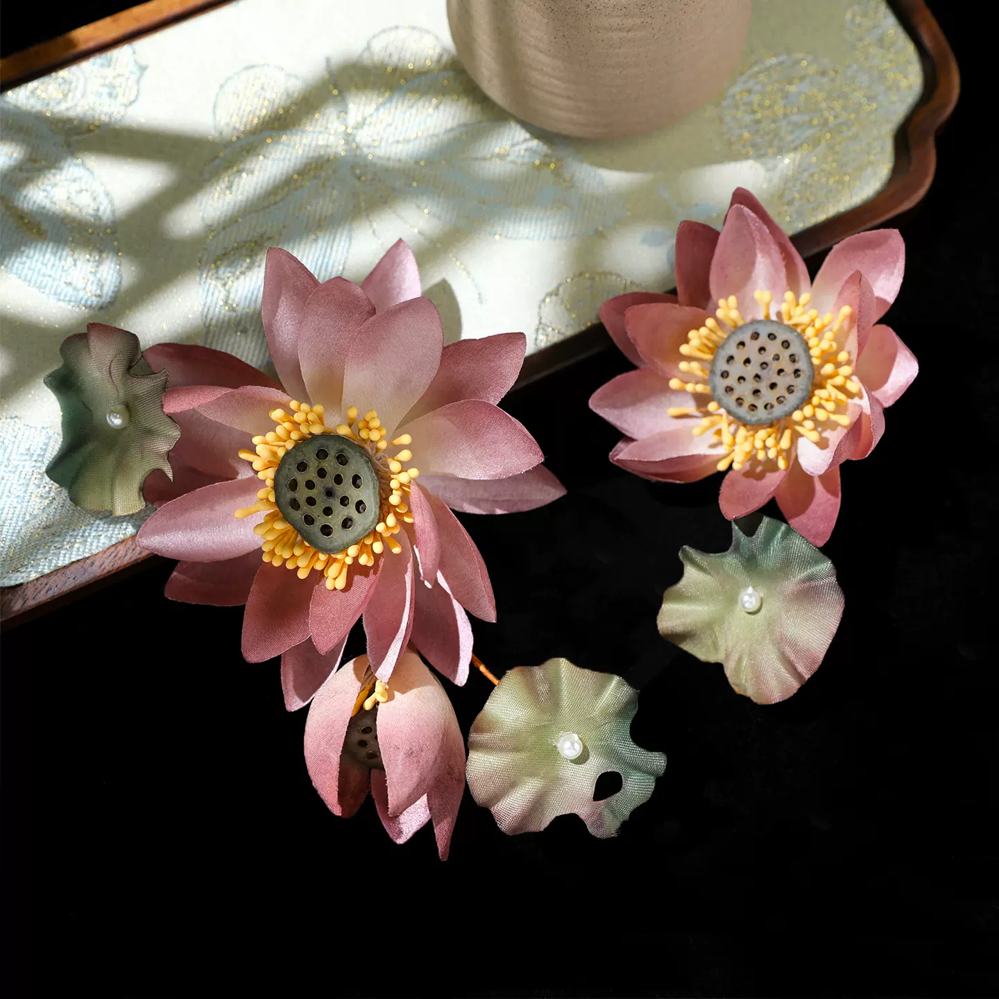 2025古风粉色枯叶荷花汉服头饰宫廷百搭气质少女绢纱发夹烫花发饰