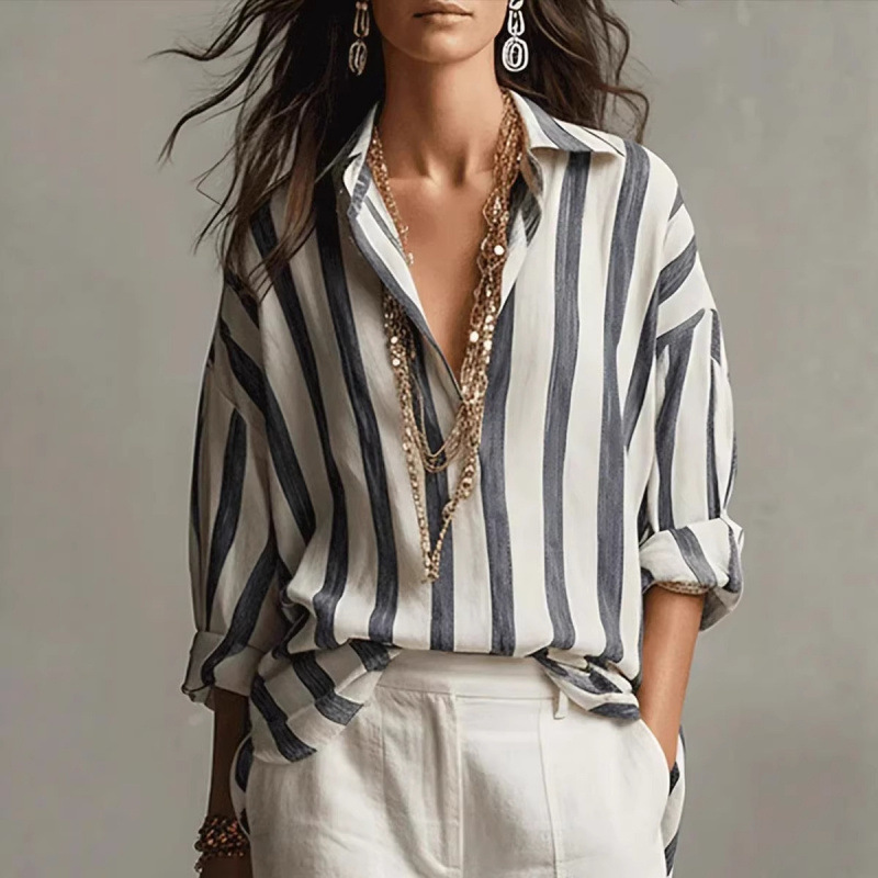 Cross-Border Amazon New Striped Shirt Collar Long-Sleeve Shirt with Buttons Regular Casual Daily Spring and Autumn Top for Women