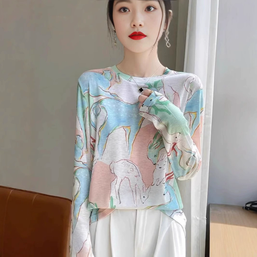 Аутентичная летняя новая стильная футболка из тенселя в китайском стиле с длинными рукавами, вязаный топ с круглым вырезом и короткими рукавами, тонкий топ с принтом для женщин