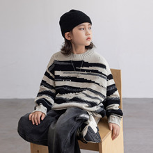 2025新款秋冬季男童条纹休闲毛衣中大儿童男孩时髦针织衫冬款上衣