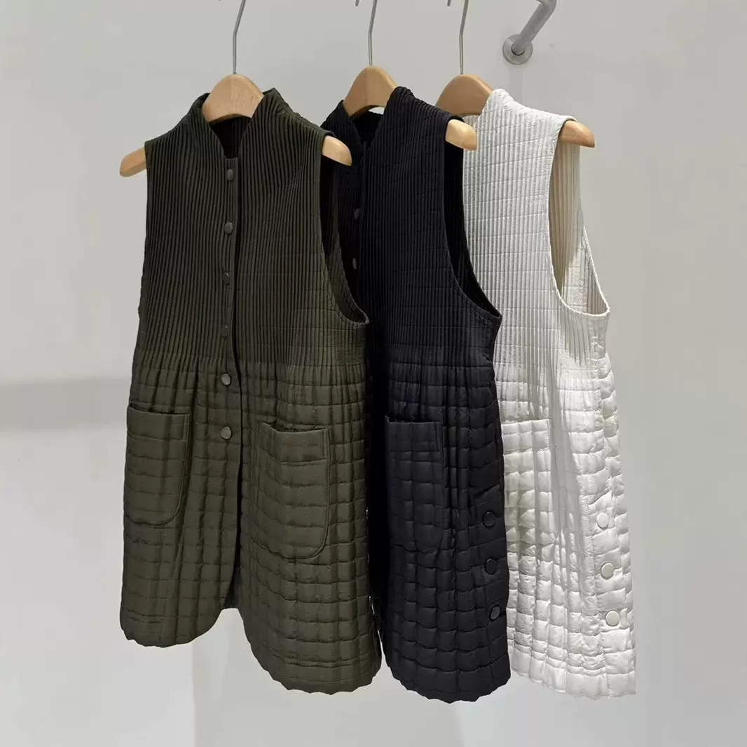 日本不规则纯手工褶加棉外套女褶皱风通勒女士中长款薄棉马甲背心