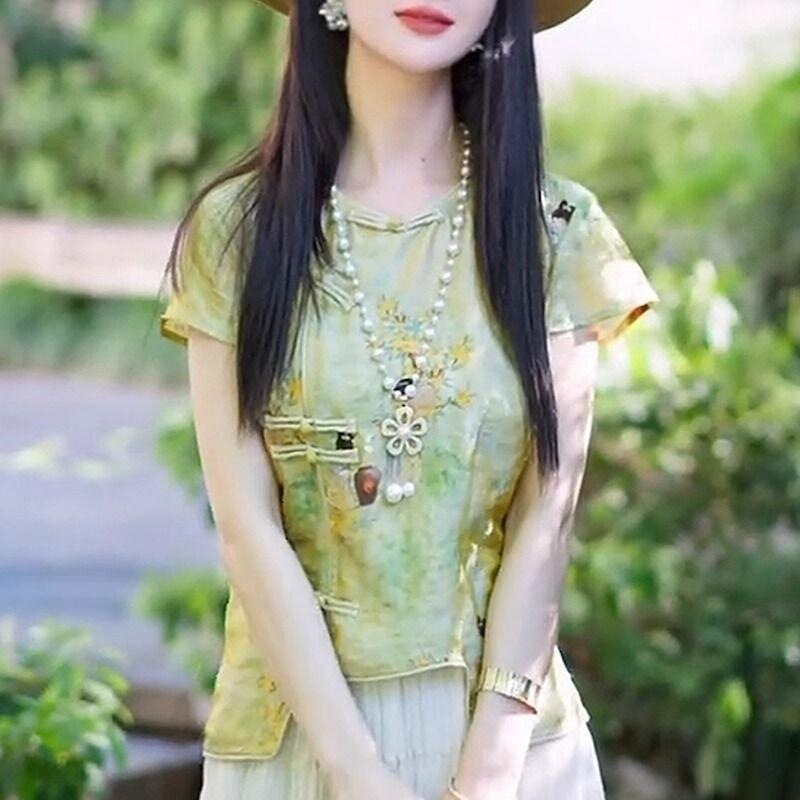 Retro Oblique Shirt, New Chinese Style Improved National Style Top, Round Neck Buttoned Short-Sleeved Shirt, Women's Summer Cheongsam Shirt