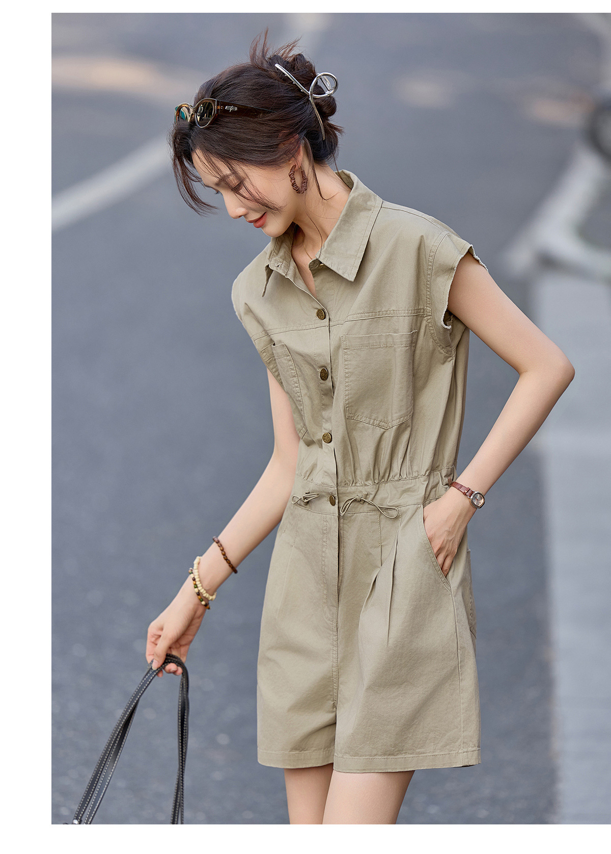 Jumpsuit nữ dáng suông tay ngắn phong cách công sở cổ điển — Quân đội xanh, màu kaki chi tiết 19