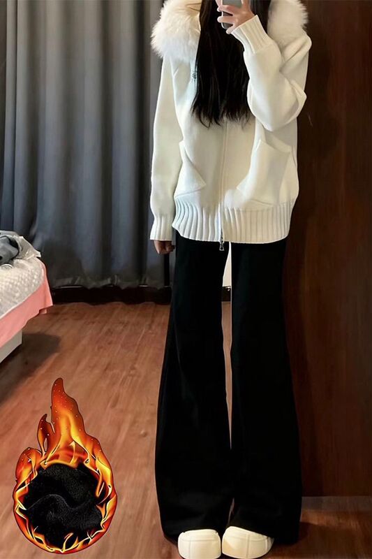 2025 Winter Fleece-Lined Thick Black Flared Denim Women's New Slimming Drapey Bell-Bottom Pants