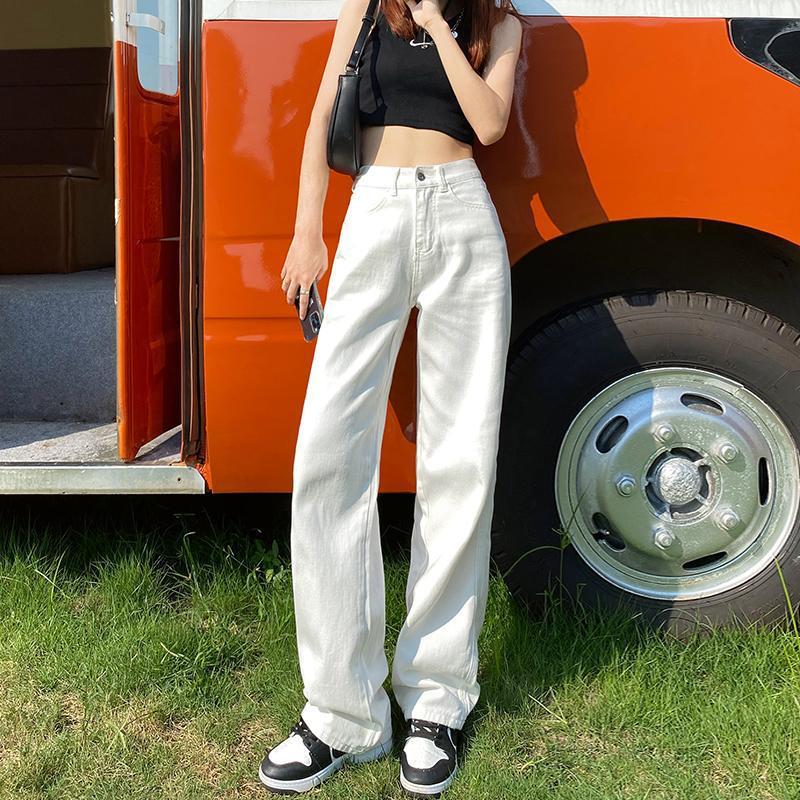 여성용 와이드 레그 청바지 하이 웨이스트 화이트 2025 여름 신상 슬림 드레이프 바닥 길이 루즈한 좁은 버전 스트레이트 팬츠