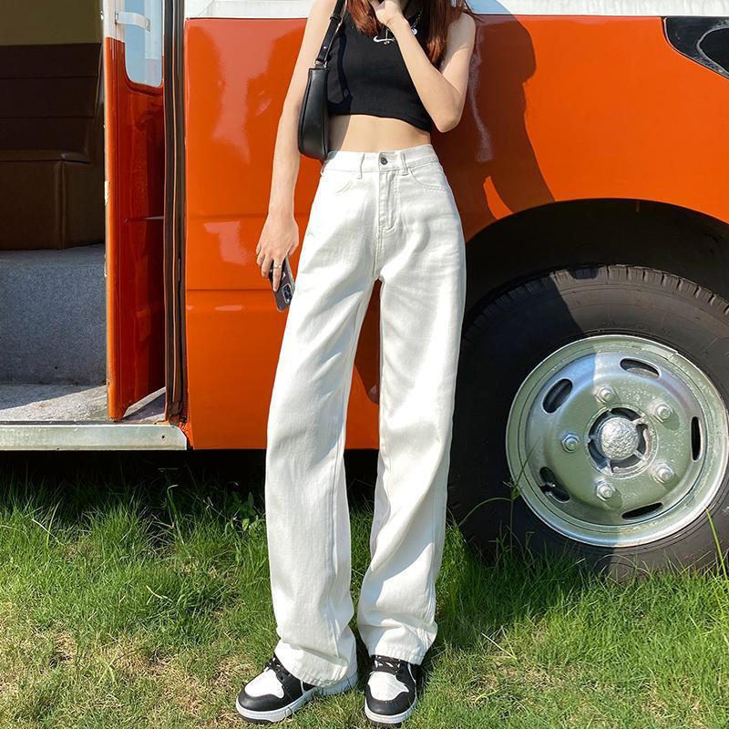 High-Waisted White Wide-Leg Jeans for Women, 2025 Summer New Slimming Drape Floor-Length Loose Narrow Straight Pants