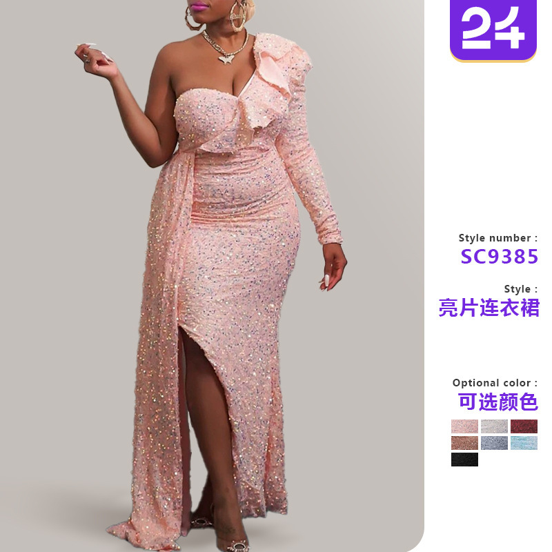 2026 Winter African Dress Fashion New One-Shoulder Sequin Bridesmaid Dress Party Long Dress European and American Women's Clothing