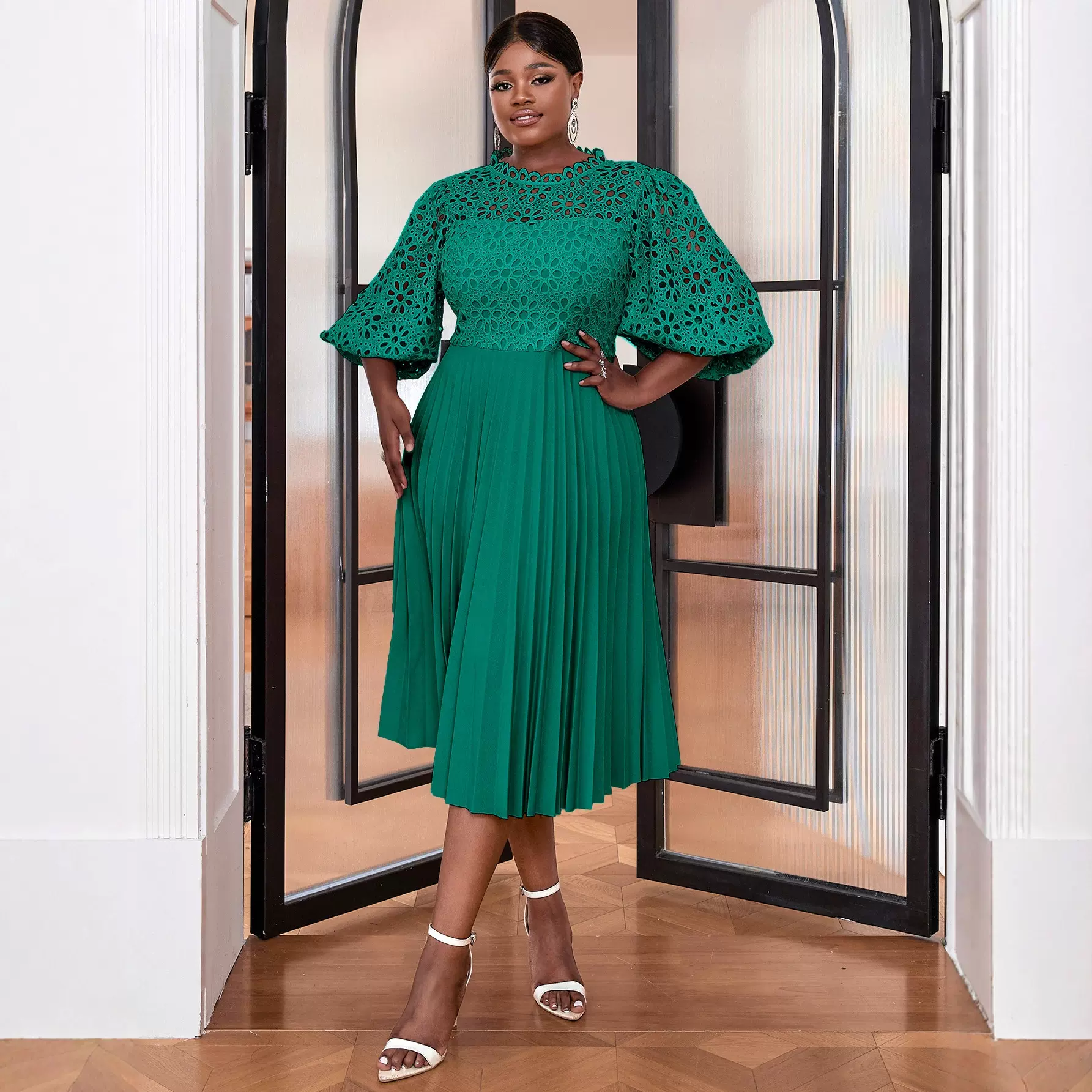 亚马逊外贸批发蕾丝灯笼袖连衣裙 圣诞礼物大码百褶裙 dresses