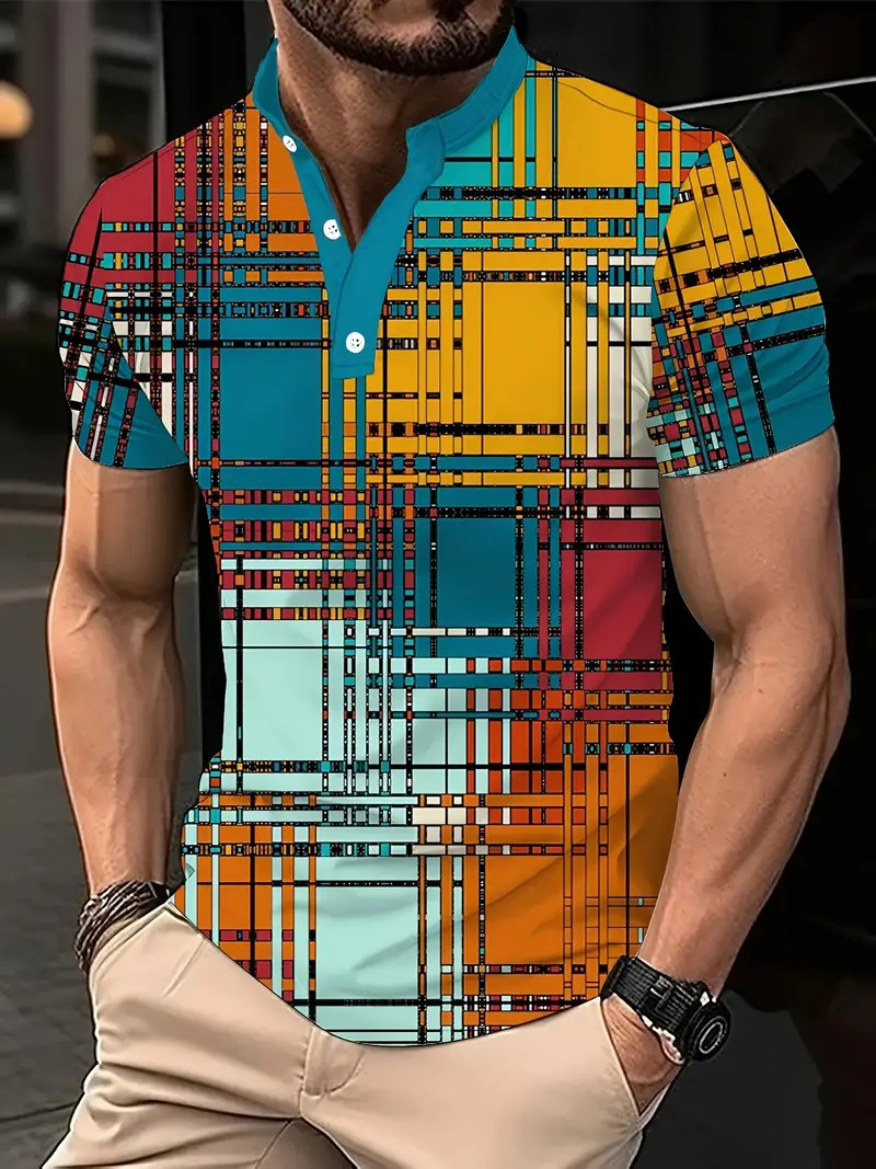 Nuevo estilo transfronterizo de verano 3d geométrico cubo estampado cuello alto botón de manga corta polo playa casual ME13