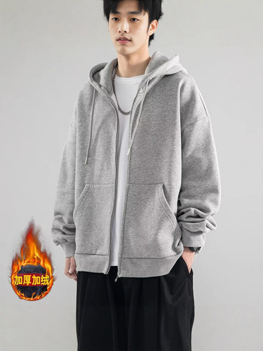 Lined and Thickened Solid Color Hooded Sweatshirt Jacket for Autumn and Winter Streetwear, Loose Fit New Trendy Teenage Boys' Apparel
