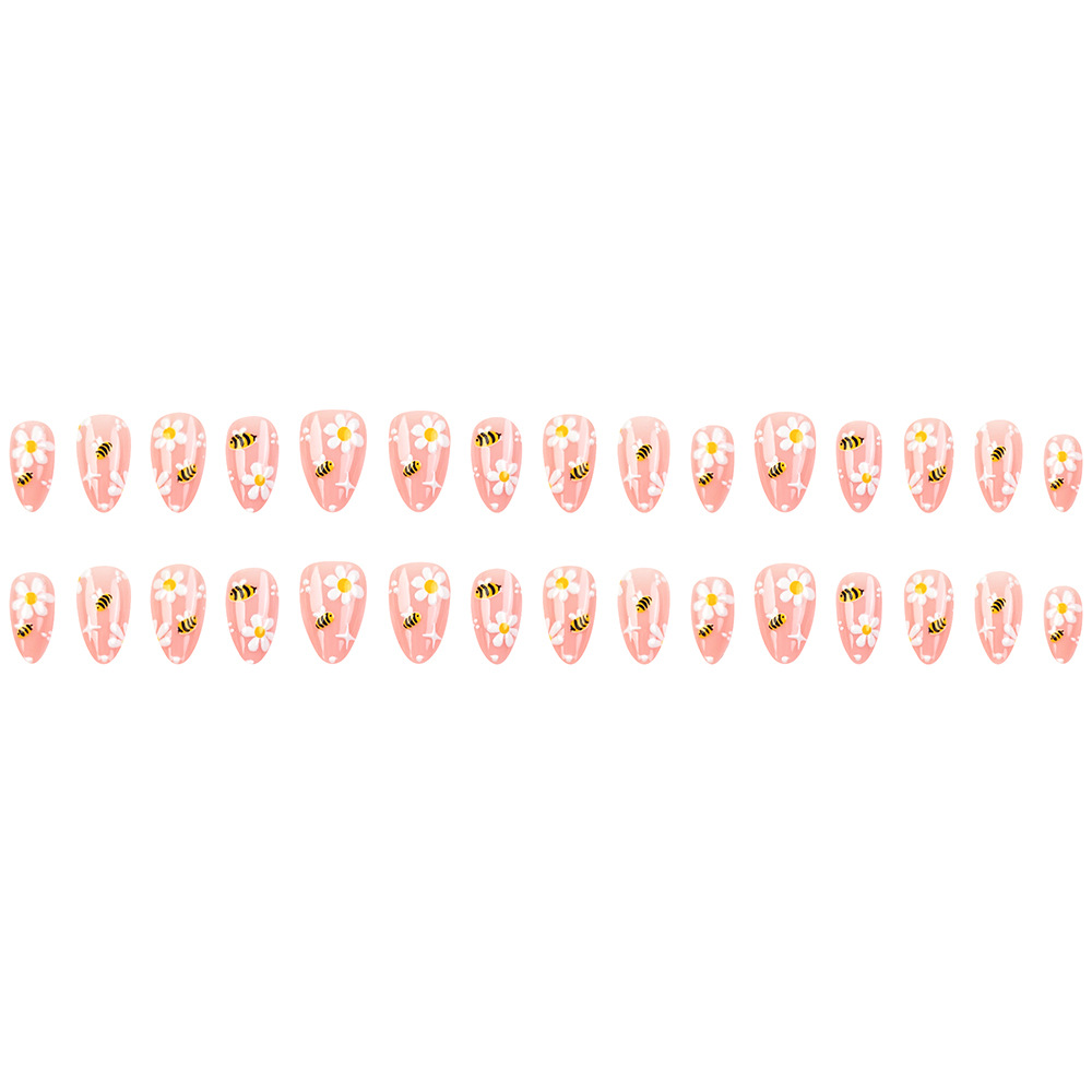 24 piezas de polvo desnudo abeja Daisy Uña de verano mediano largo almendra Uña falsa dibujada a mano adorable parche de manicura