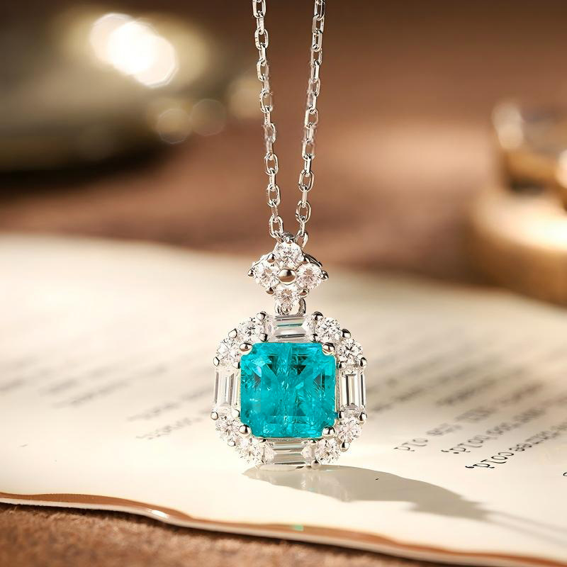Luxurious Sugar-Cube Paraiba Neon Blue Collarbone Chain with Full Diamond Inlay and Vintage Palace-Style Pendant Jewelry