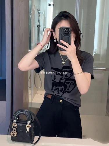 Summer stylish unique women's portrait print versatile short-sleeve top white unisex light gray black