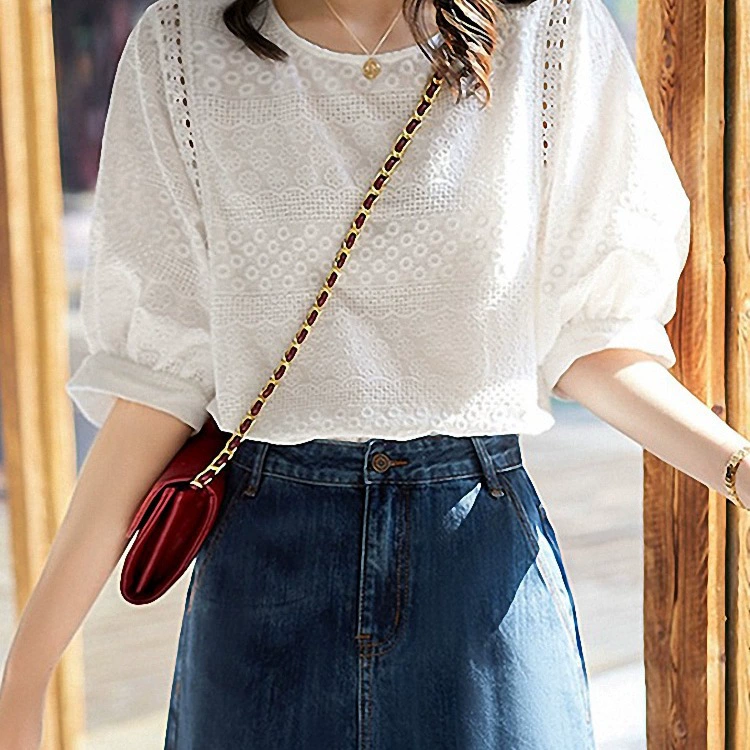 Летняя женская белая рубашка из чистого хлопка, топ в полый стиль, свободная кружевная рубашка с вышивкой, закрывающая живот, для женщин, другие