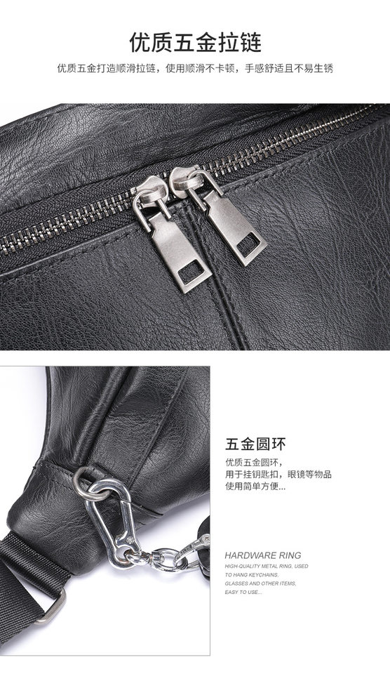 Túi đeo ngực nam da bò lớp đầu thời trang, túi thắt lưng da dung tích lớn chống mài mòn, 26×19×18 cm — Màu cà phê, Màu đen chi tiết 17