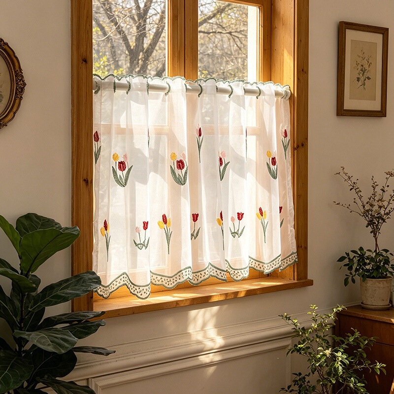 No-Drill Decorative Half-Curtain to Cover Imperfections, Tulip Jacquard Curtain, American Country Style Rod-Through Curtain No-Drill Decorative Half-Curtain to Cover Imperfections, Tulip Jacquard Curtain, American Country Style Rod-Through Curtain