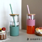 竹木盖吸管杯高硼硅水杯出口定制硅胶套水杯