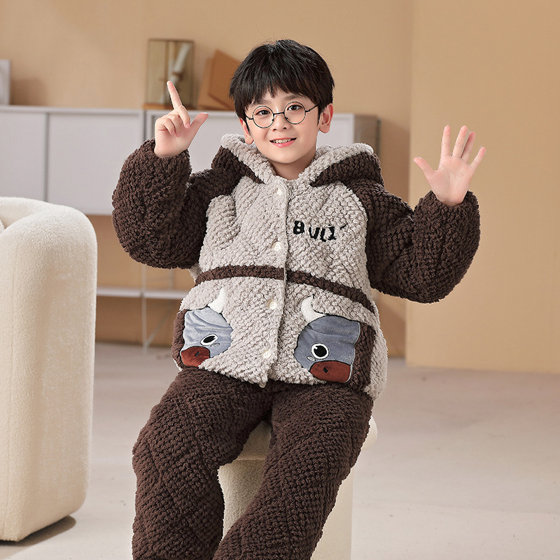 Children's pajamas autumn and winter thickened boys' coral fleece three-layer quilted flannel middle and big children boys' homewear
